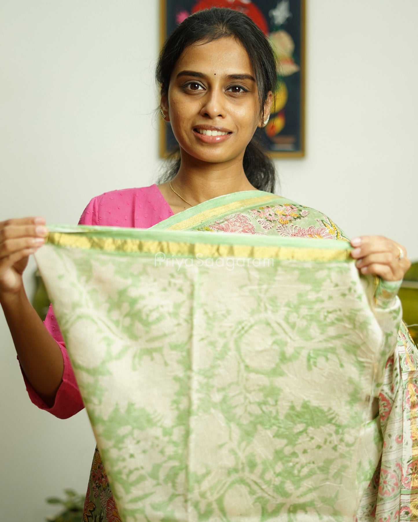 Green Floral Blockprint Chanderi - PD368