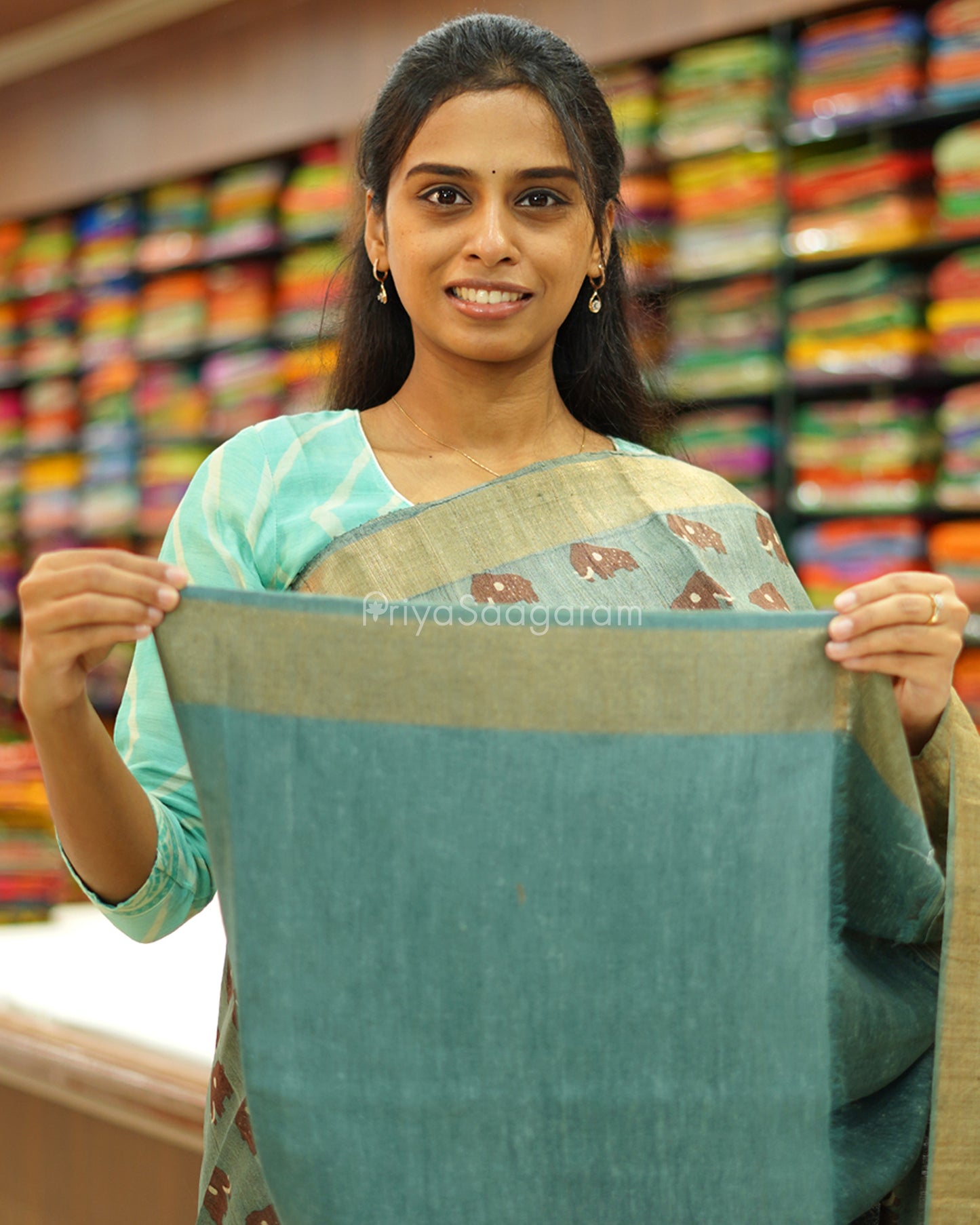 Green Elephant Printed Tussar - PD528