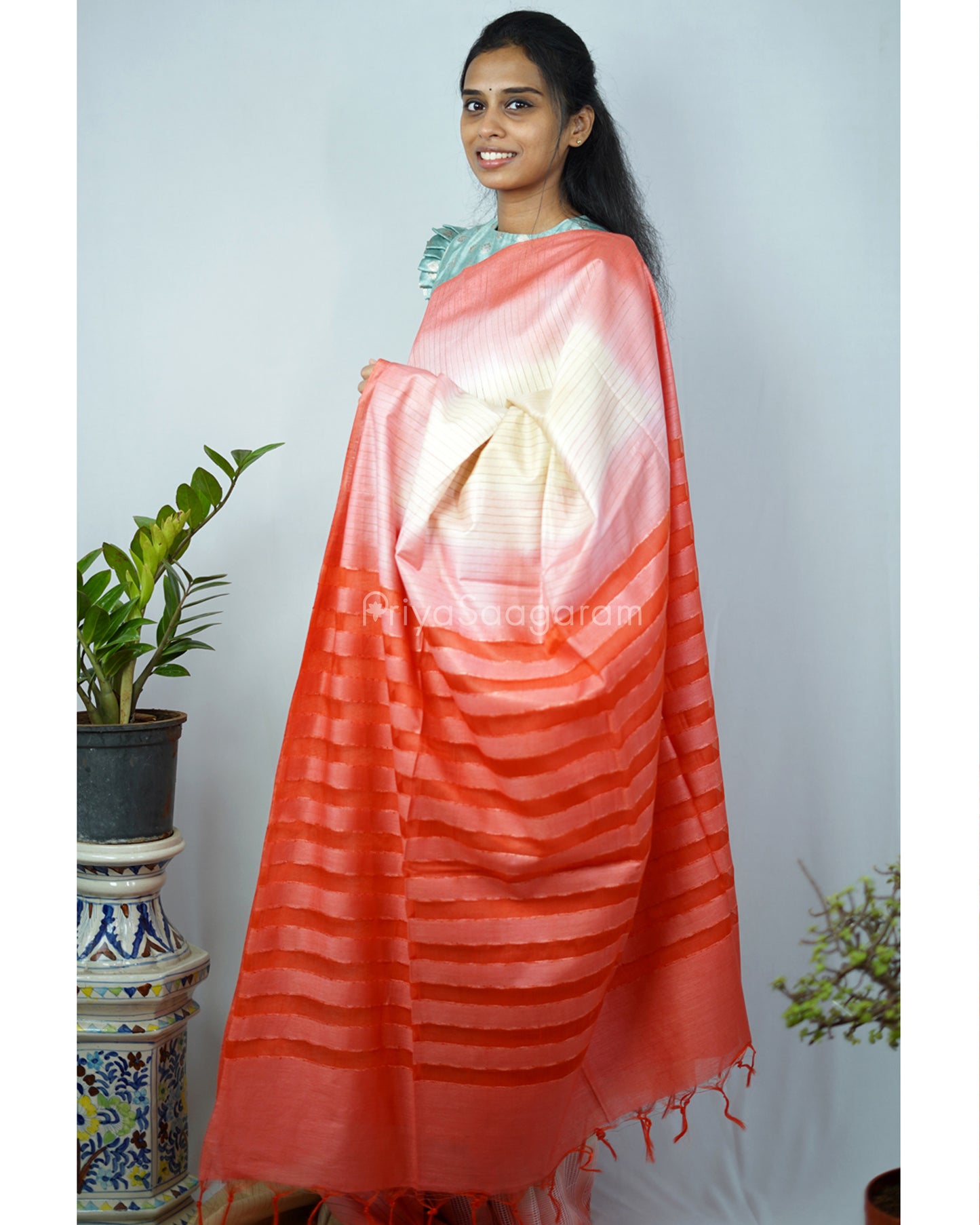 Cream Peach Red Tussar Organza - PD1216