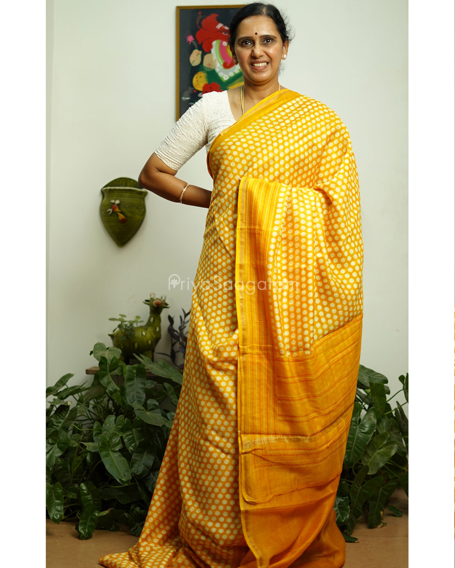 Yellow Embroidery Blockprint Chanderi - PC3360