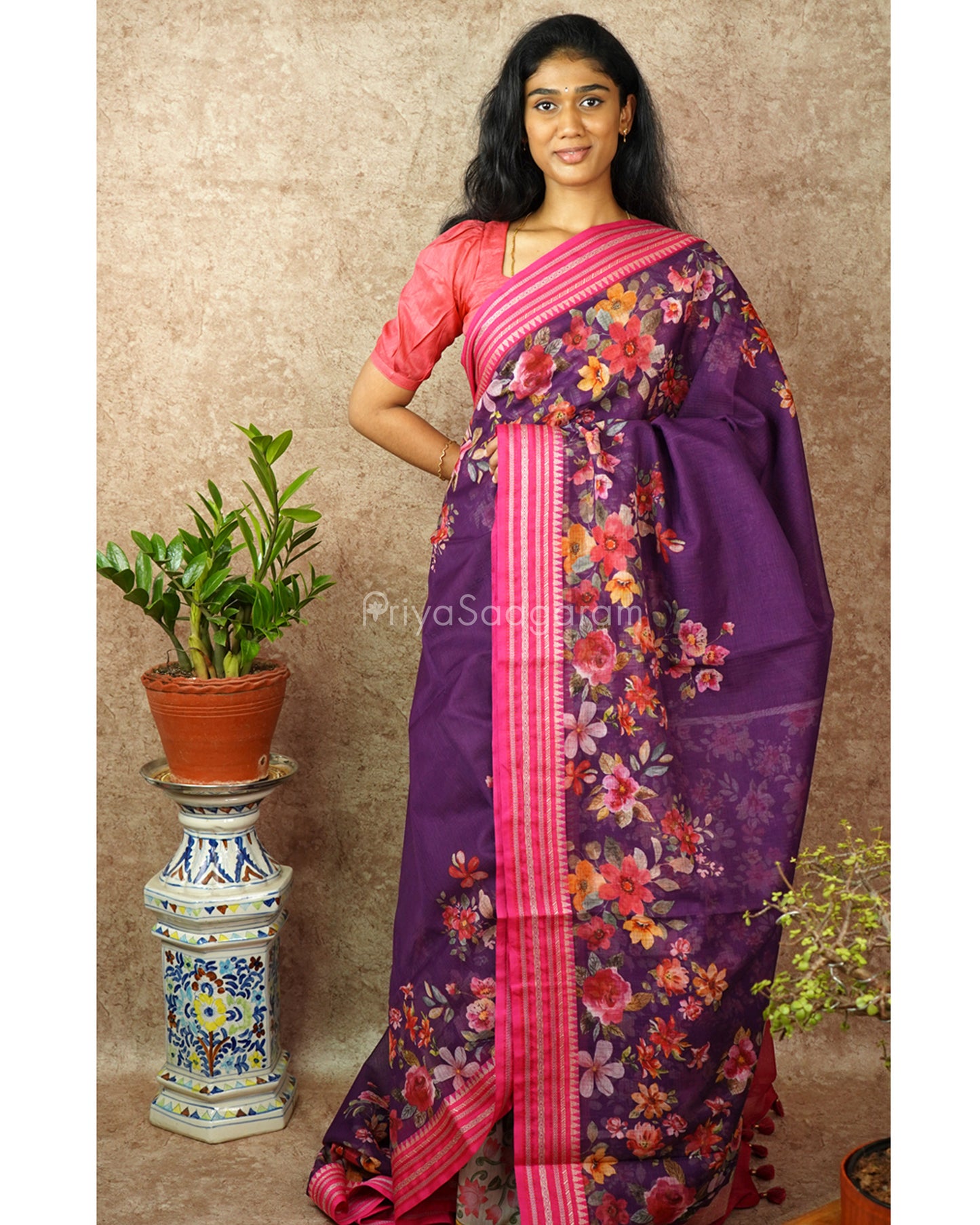 Purple Pink Silk Cotton Kota - PD831
