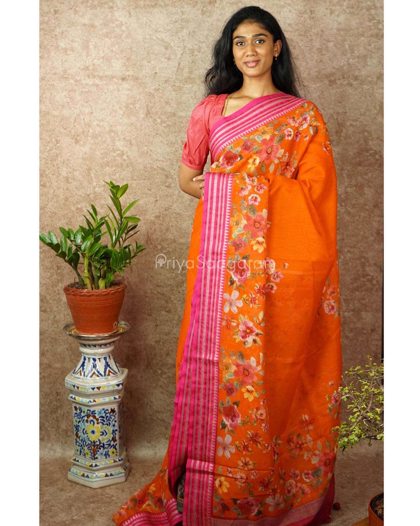 Orange Pink Silk Cotton Kota - PD836