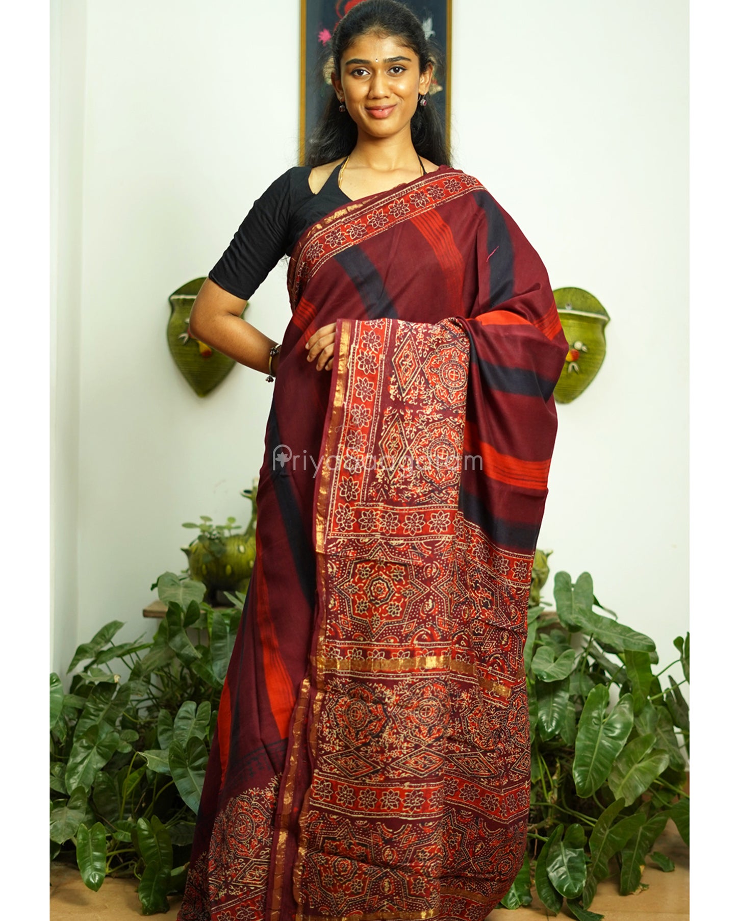 Shaded Maroon Bagru Print Chanderi - PD362