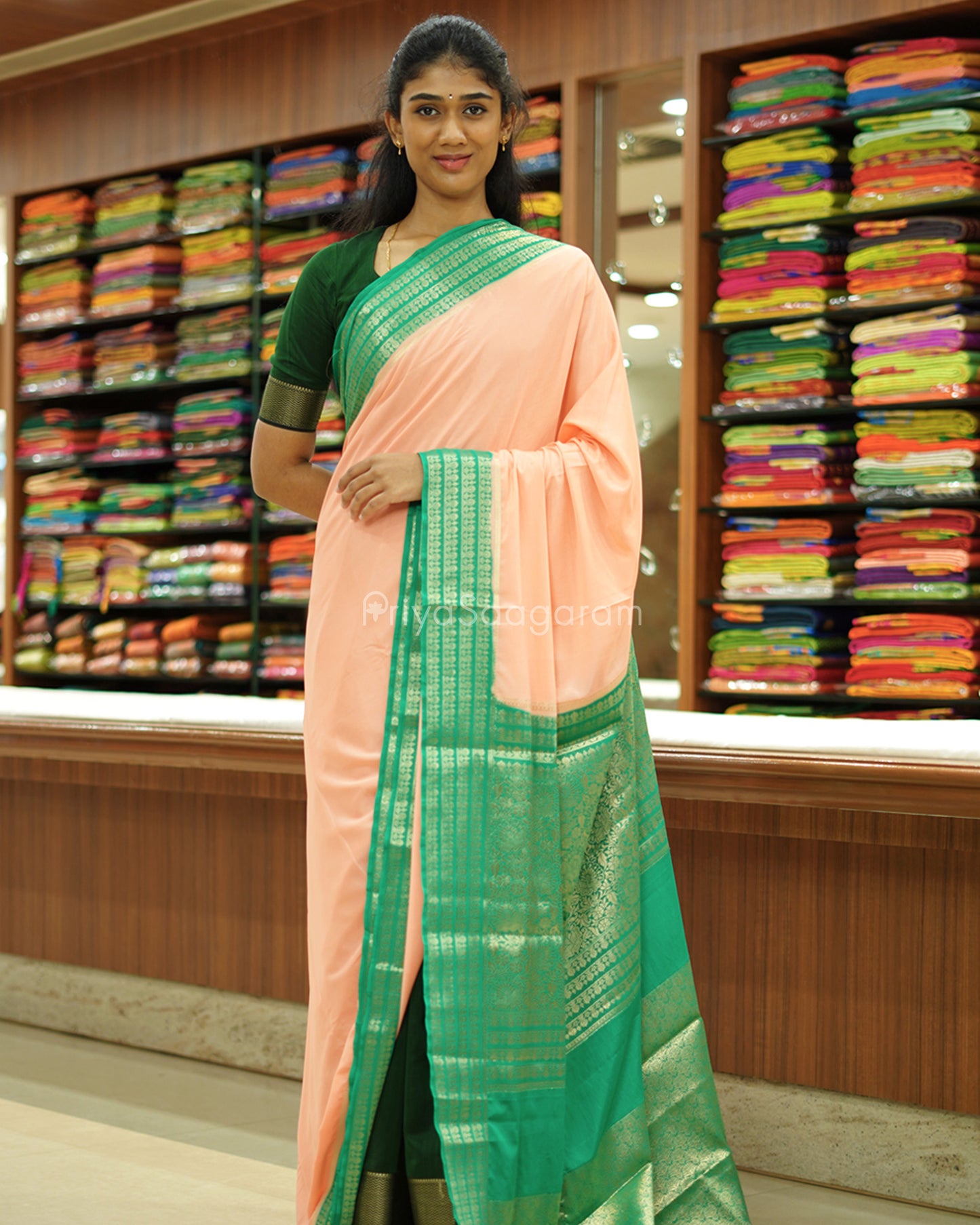 Peach and Green Mysore Silk - PD482