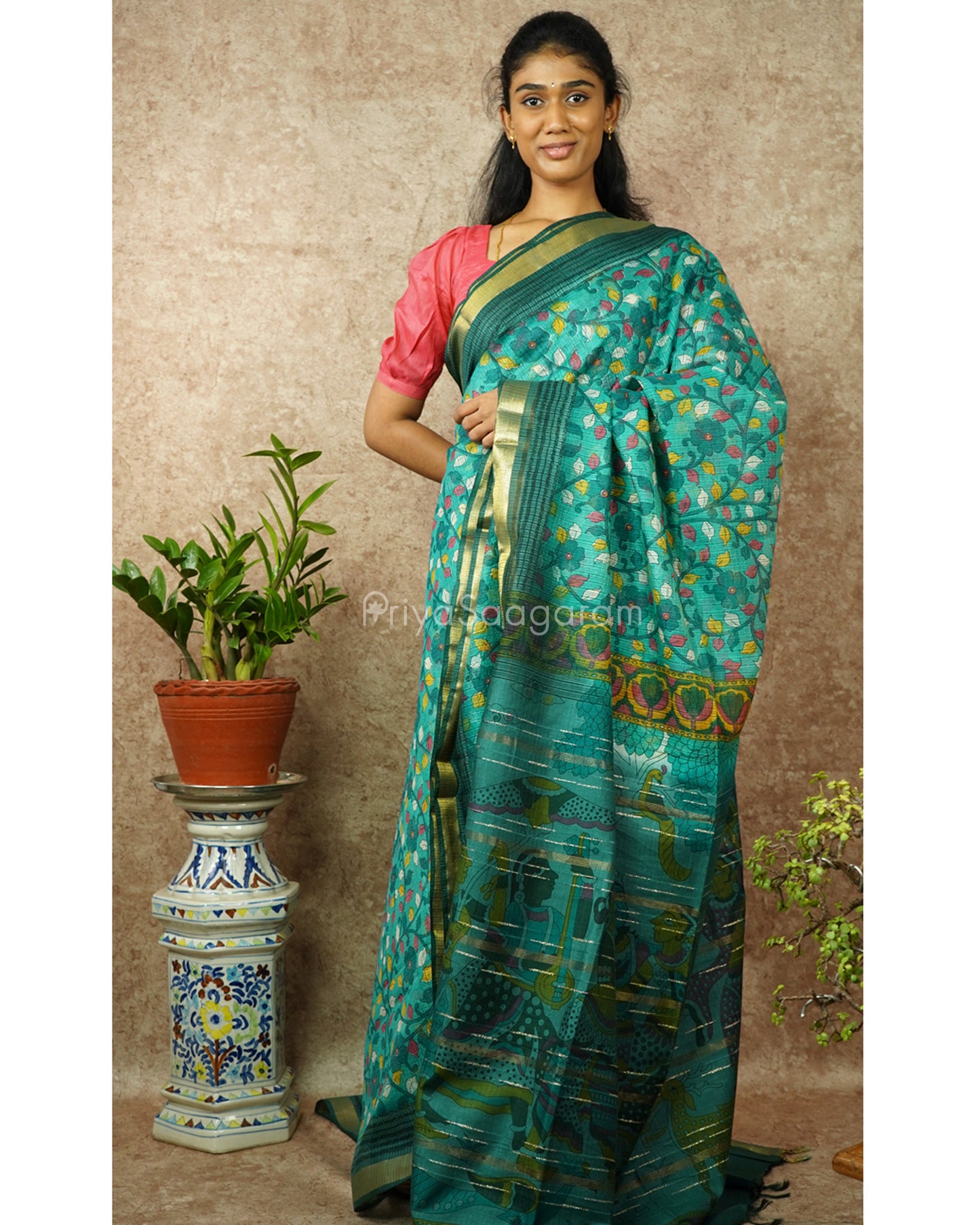 Sea Green Kalamkari Cotton Kota - PD1408