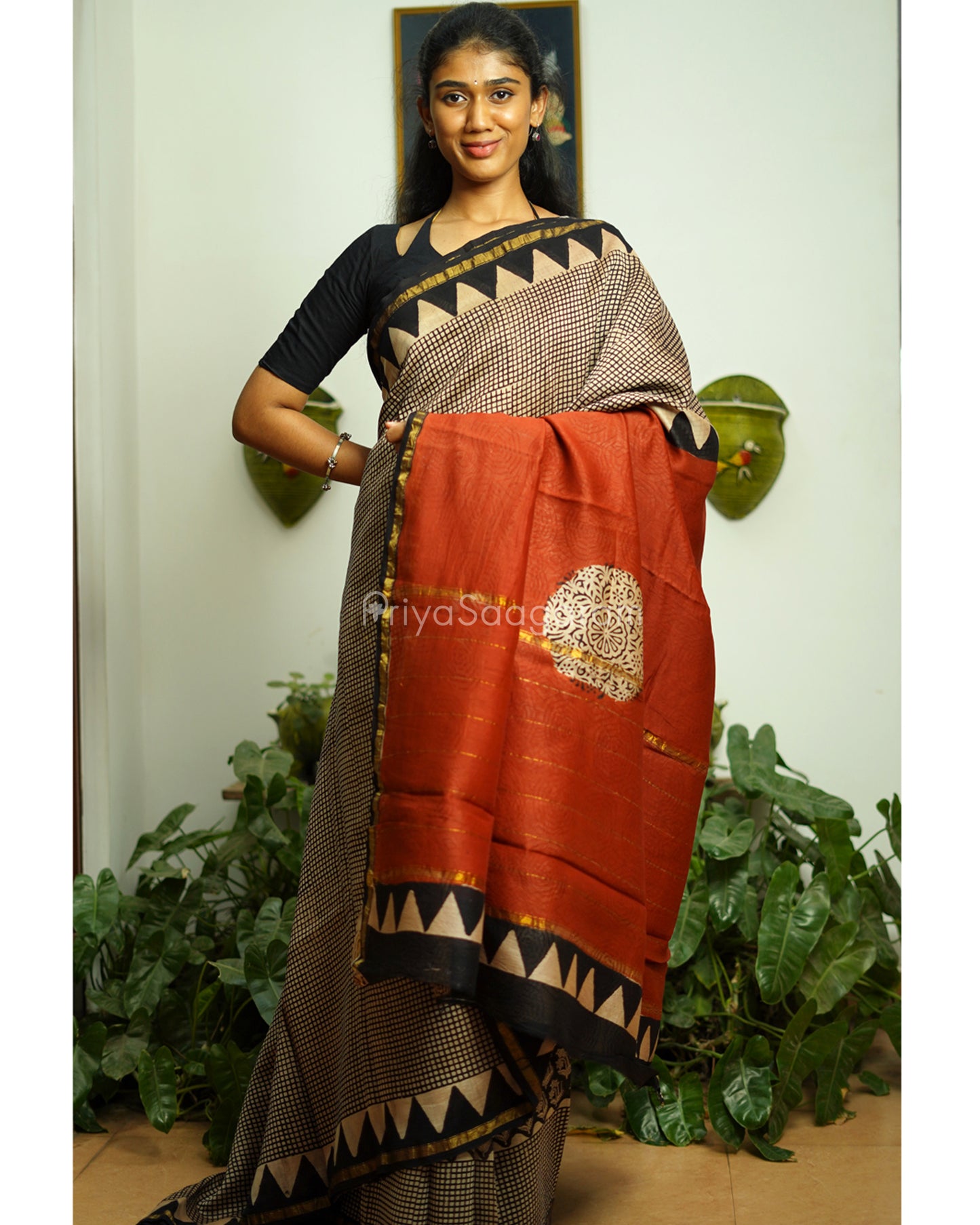 Black Checked Bagru Print Chanderi - PD363