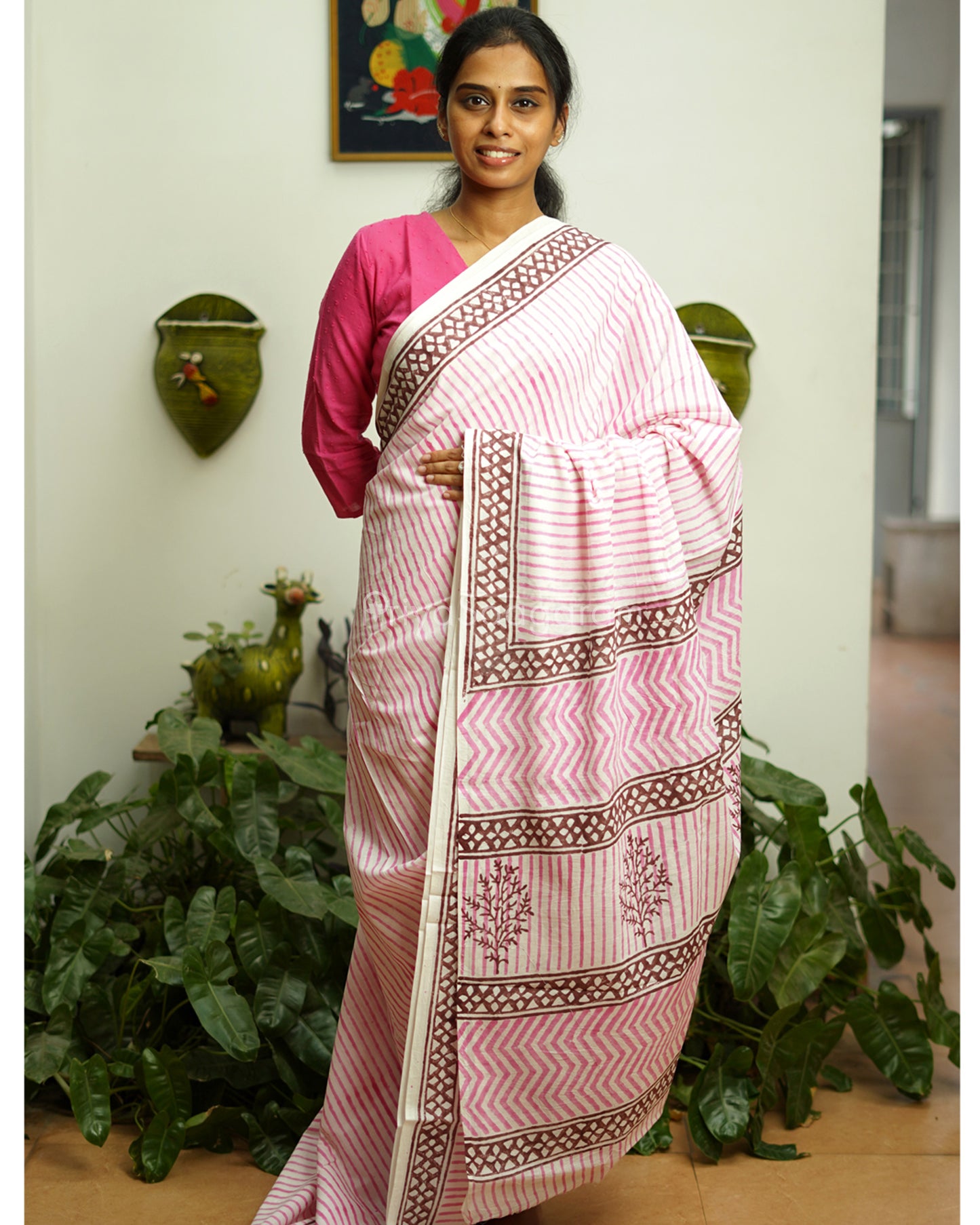 Pink Striped Blockprint Pure Cotton - PD382