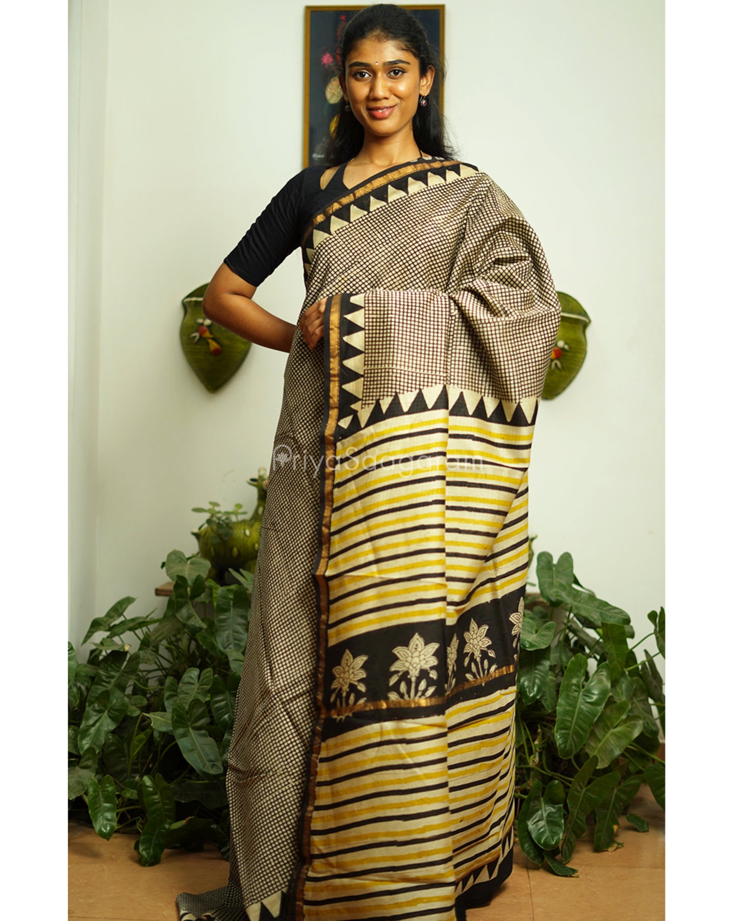 Black Checked Bagru Print Chanderi - PD370