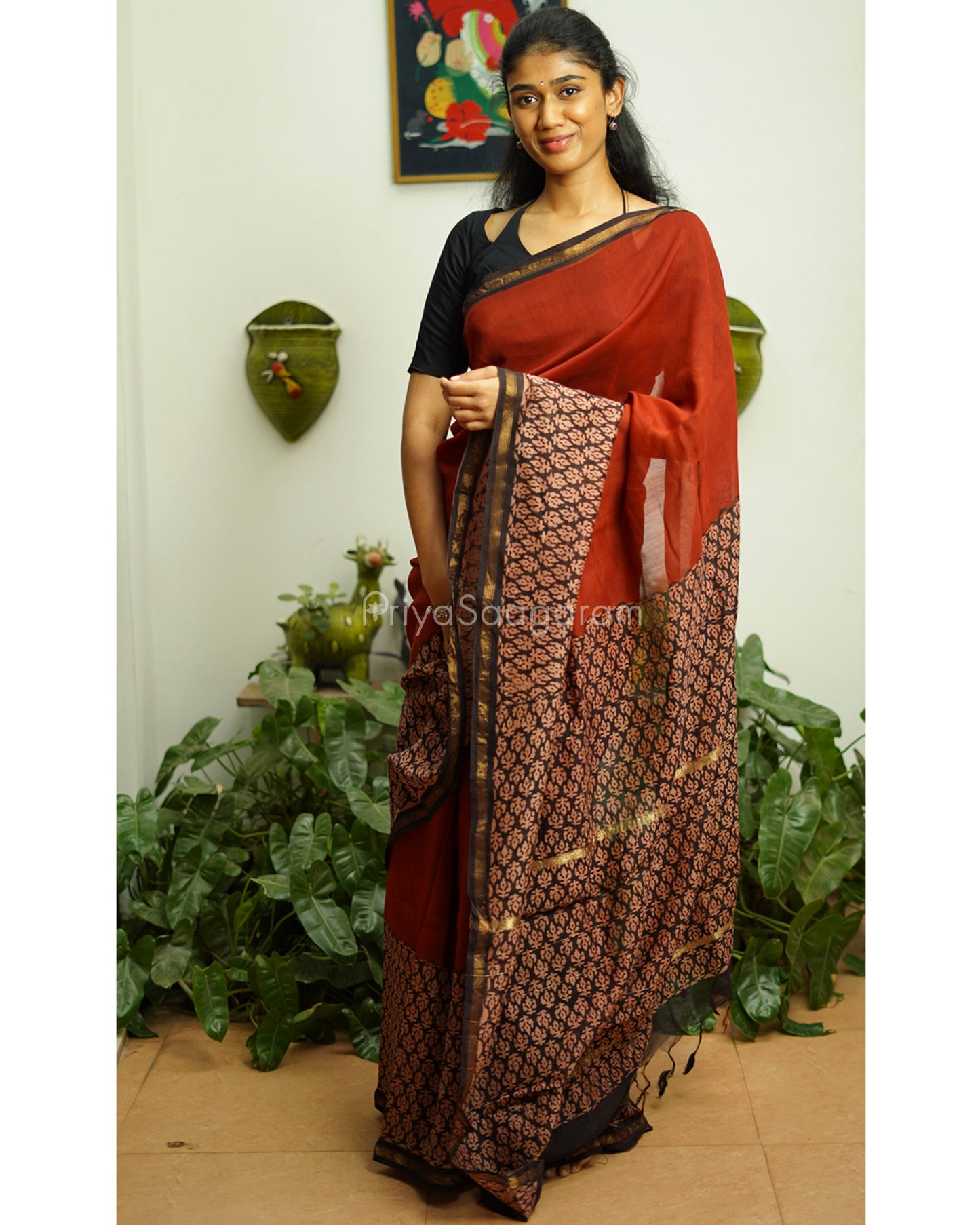 Maroon Bagru Print Chanderi - PD359