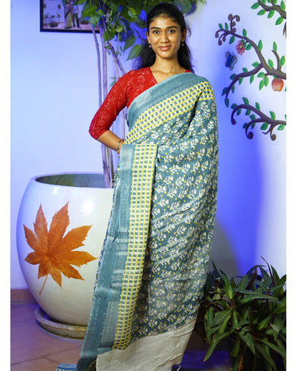 Blue Grey Floral Blockprint Linen - PD264