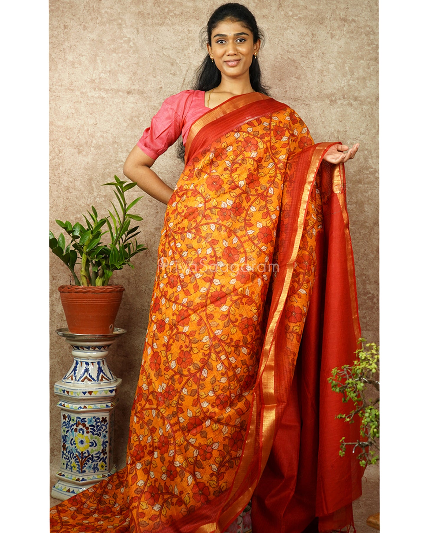 Yellow Red kalamkari Cotton Kota - PD1407