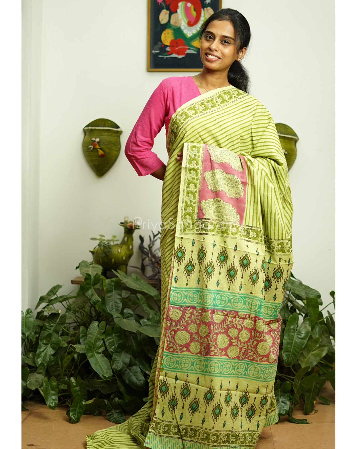 Green Striped Blockprint Pure Cotton - PD374