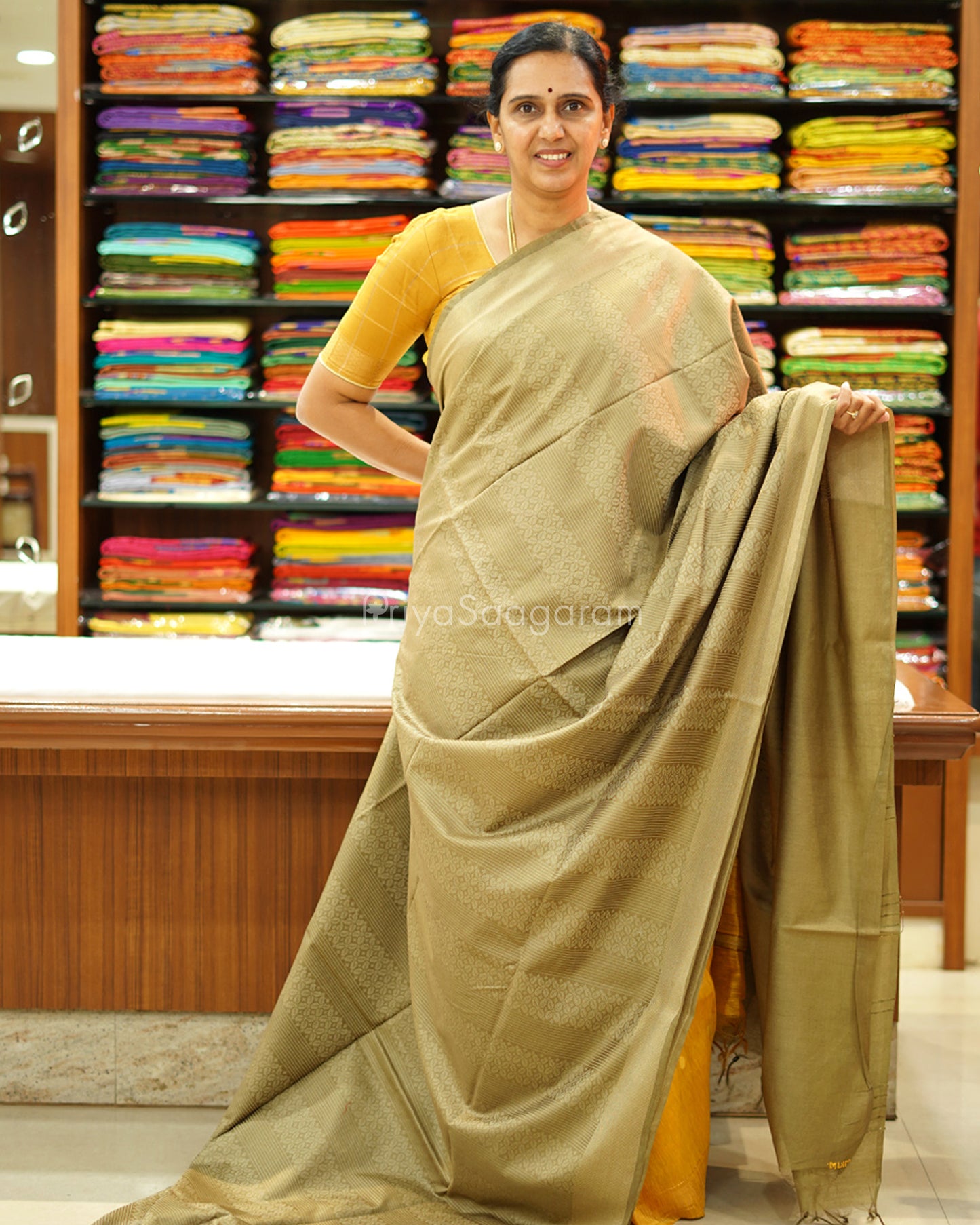 Khaki Mustard Printed Tussar - PD1331