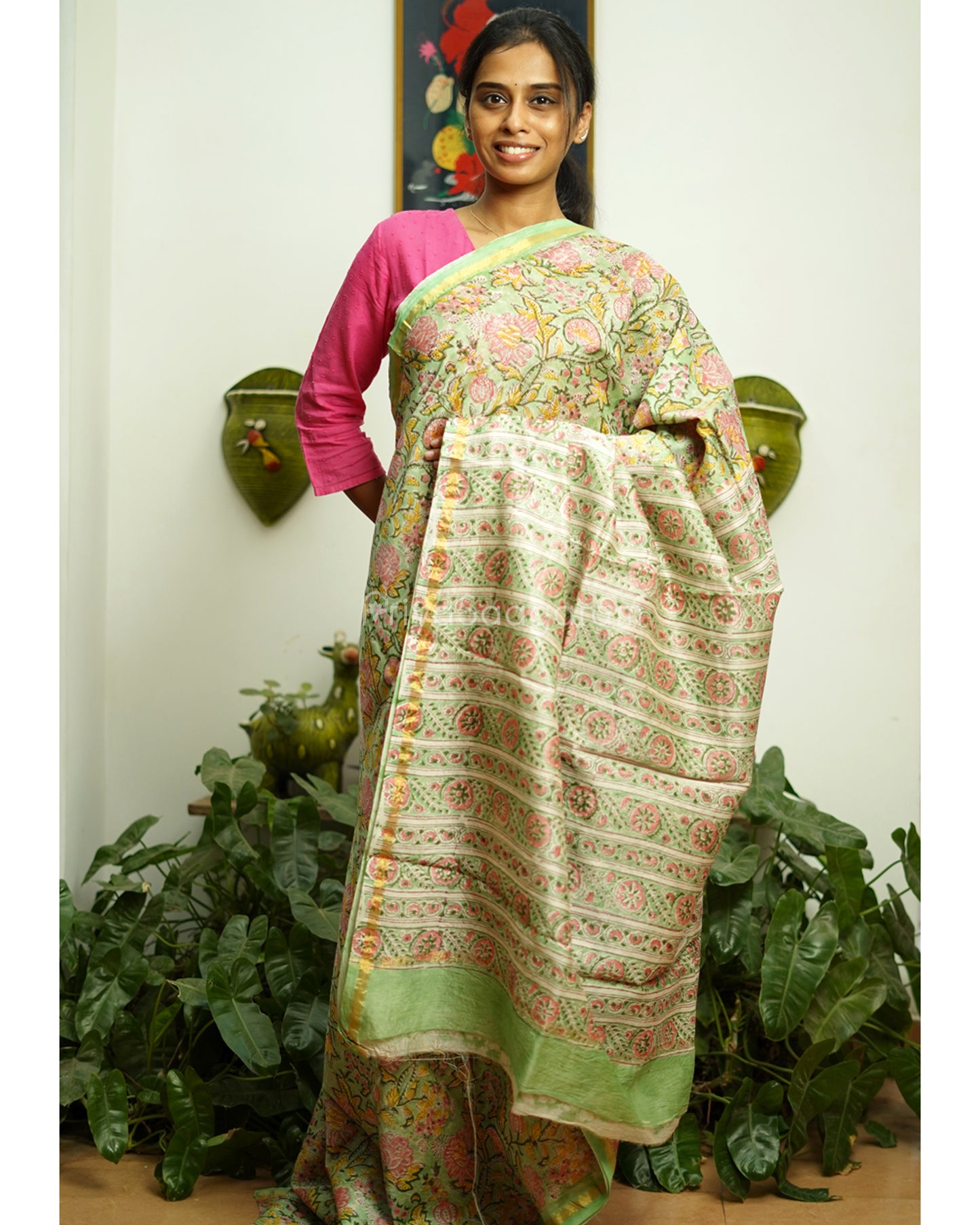Green Floral Blockprint Chanderi - PD368
