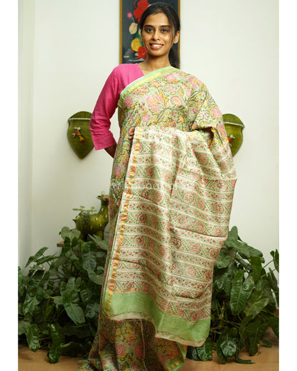 Green Floral Blockprint Chanderi - PD368