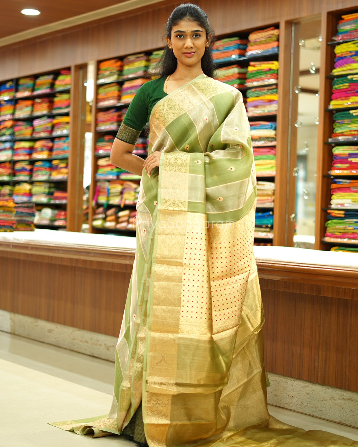 Elaichi Green Tissue Kora Silk - PD723