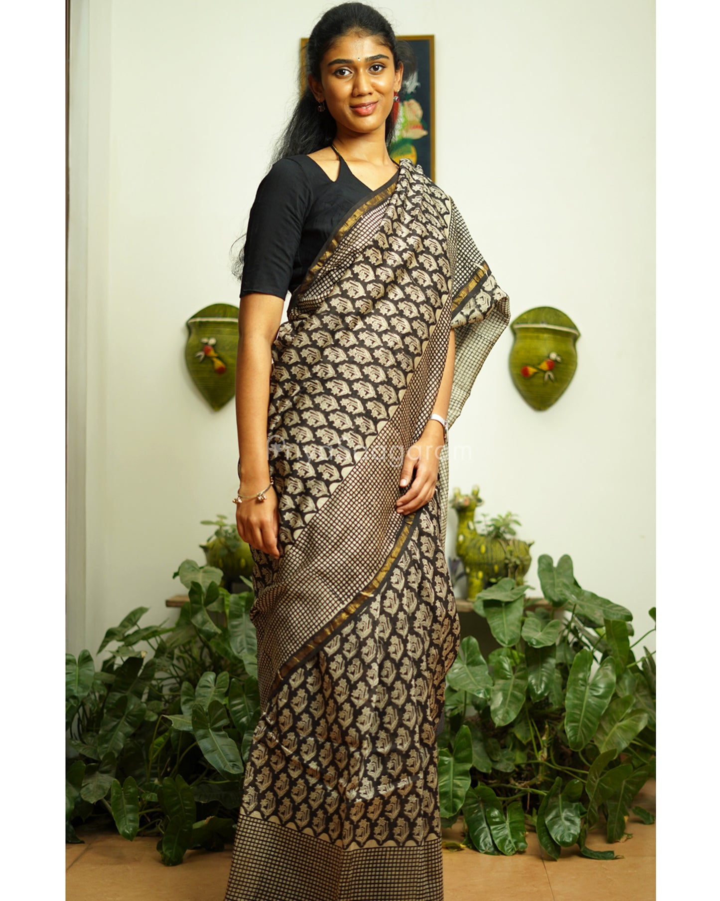 Black Floral Bagru Print Chanderi - PD365