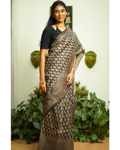 Black Floral Bagru Print Chanderi - PD365