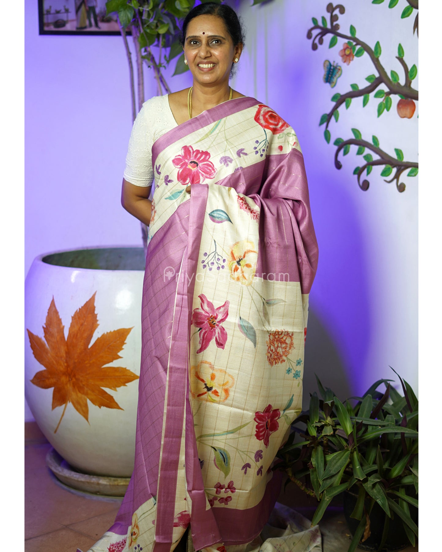 Purple Floral Tussar - PD812