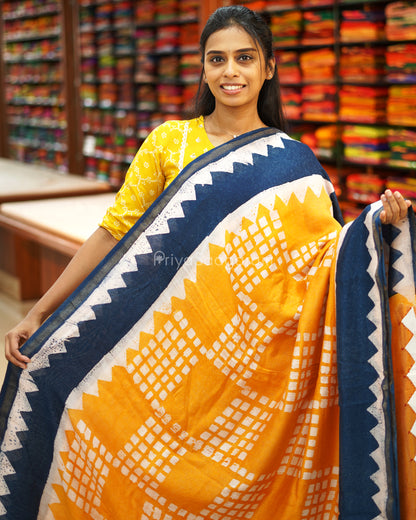 Yellow Blue Abstract Applique Chanderi - PE68