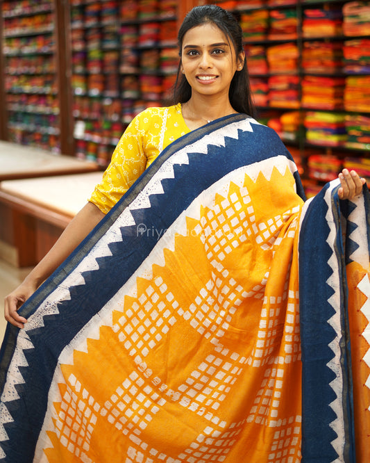 Yellow Blue Abstract Applique Chanderi - PE68