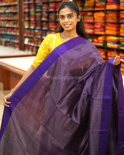 Dark Purple Satin Border Striped Tussar - PE2783