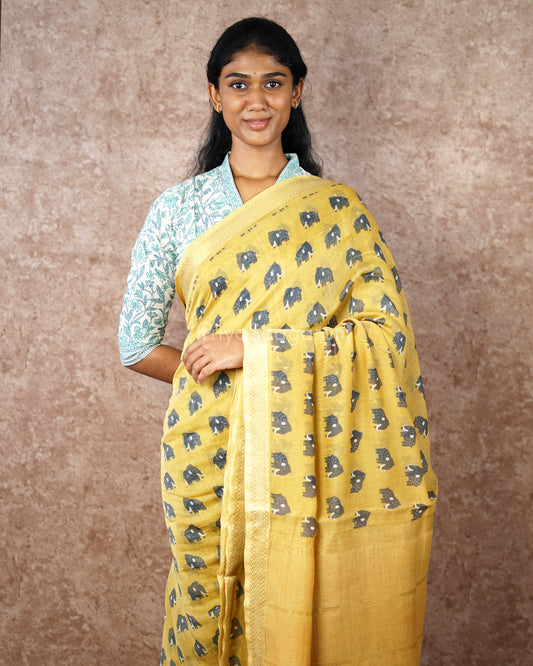 Elephant Printed Yellow Chanderi - PD499