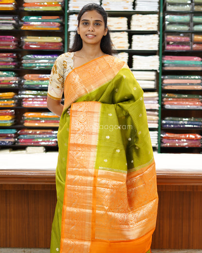 Leaf Green Orange Kanchi Banaras Silk - PD1061