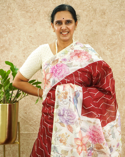 Crimson Red Floral Silk Kota - PD1848