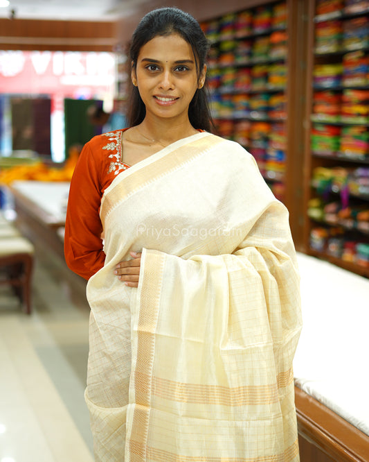 Cream Checked Mangalagiri Silk Cotton - N4324