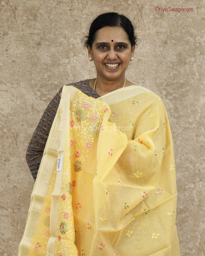 Yellow Floral Embroidery Kota Cotton - PC3619