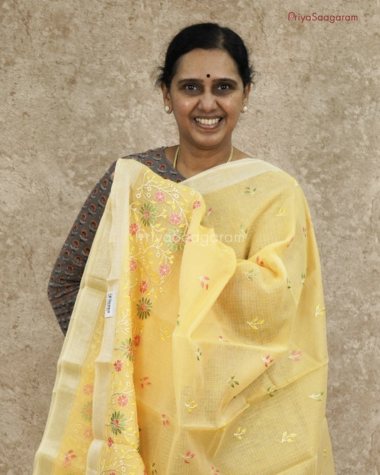 Yellow Floral Embroidery Kota Cotton - PC3619