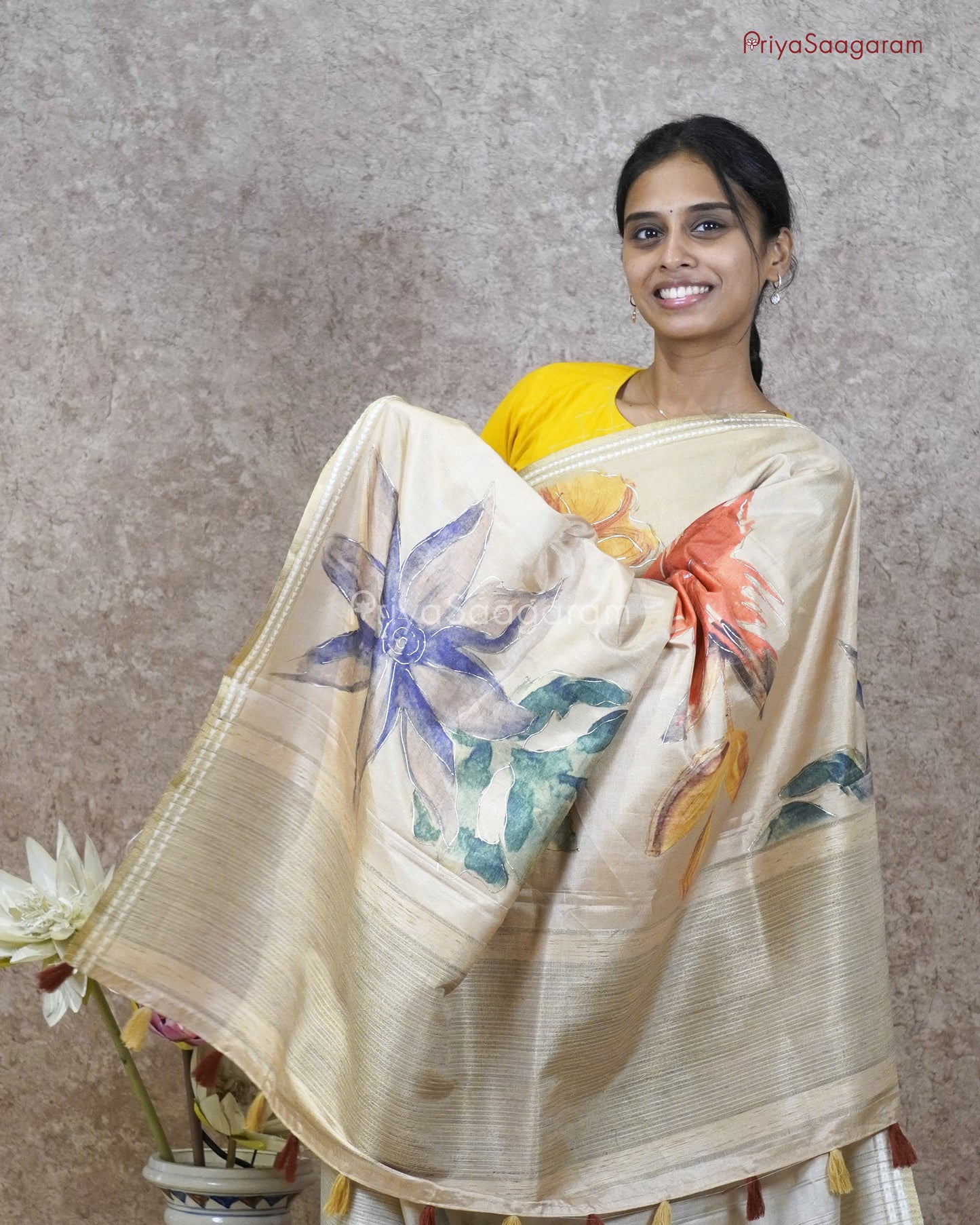 Hand Painted Floral Tussar - PC3323