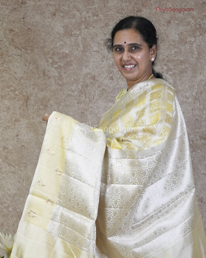 Cream Checked Chiniya Silk - PC3202