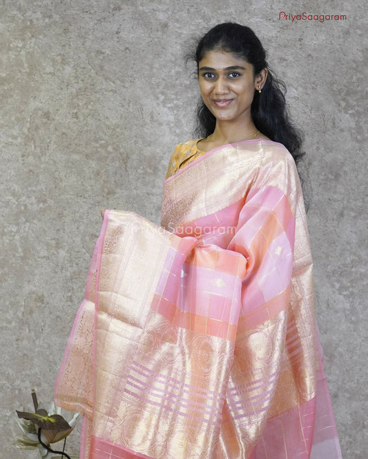 Rose Pink Checked Kora Organza - PC3216
