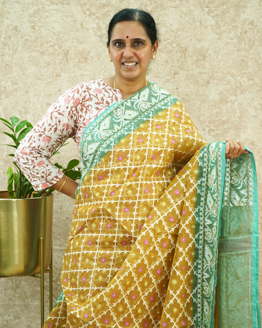 Mustard Blue Work Dhaka Cotton (No Blouse) - PE394