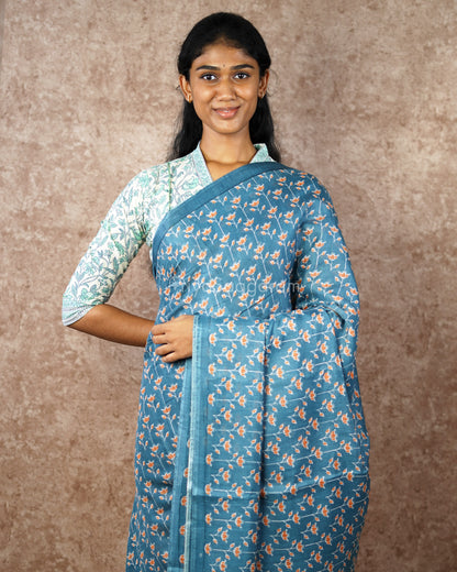 Floral Printed Blue Chanderi - PD572