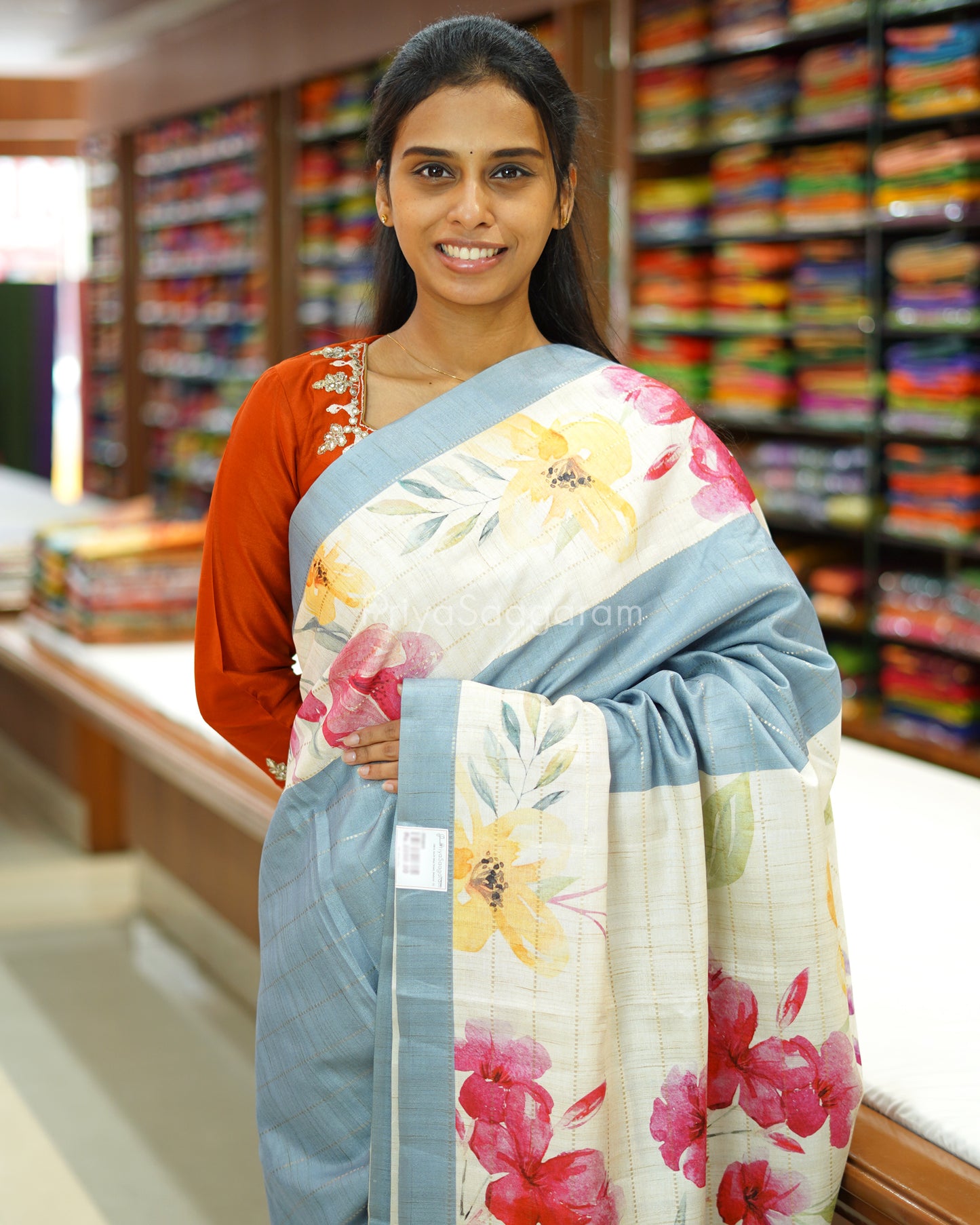 Light Blue Floral Tussar - PD809