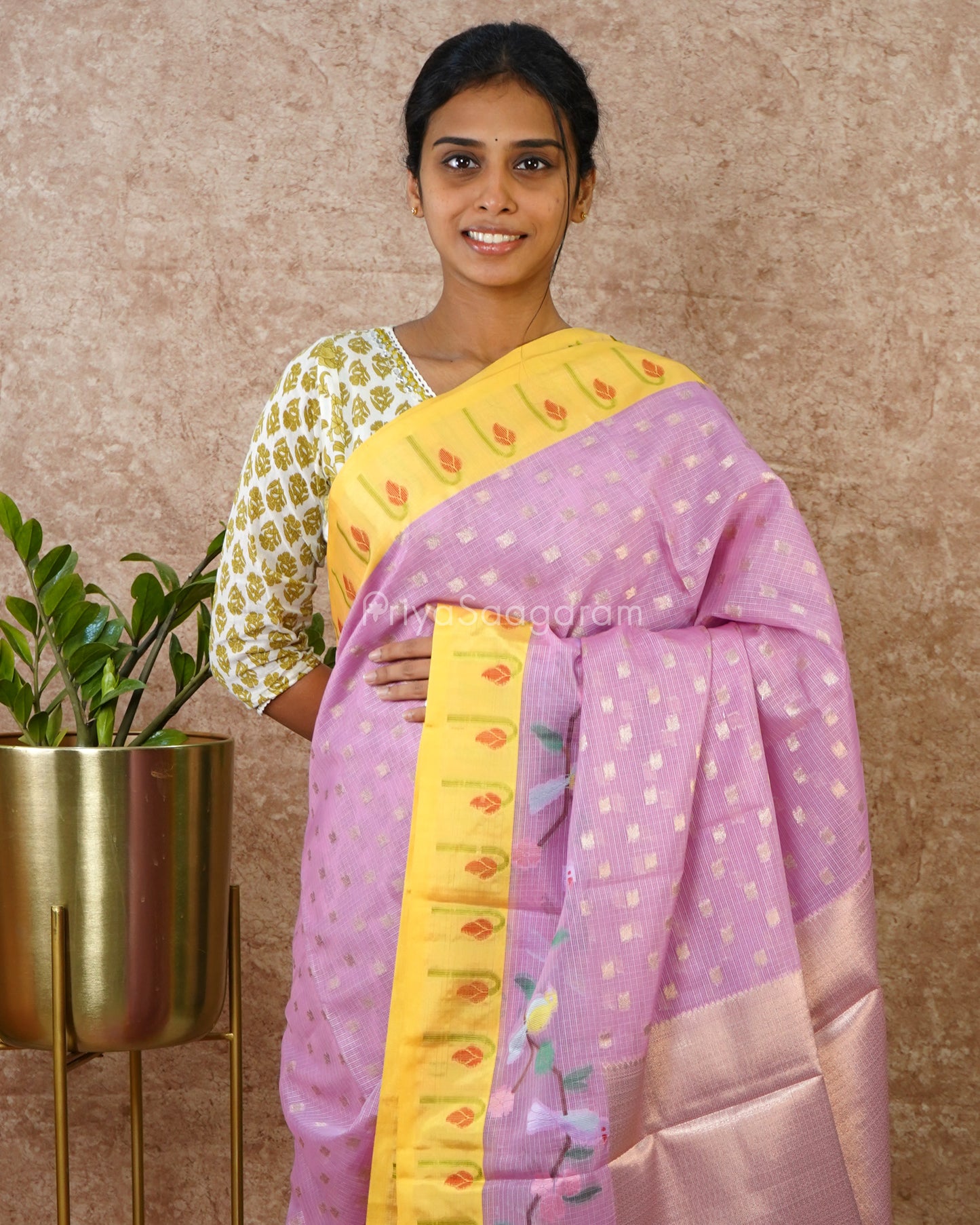 Lavender and Yellow Paithani Silk Kota - PD4307