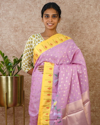 Lavender and Yellow Paithani Silk Kota - PD4307