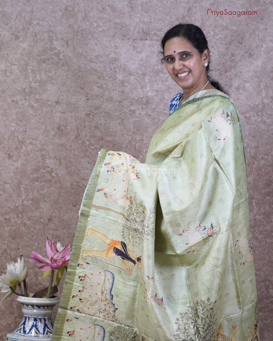 Green Pichwai Aari Work Tussar - PC3399