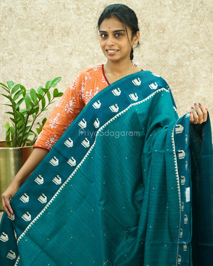 Peacock Blue Pitta Work Tussar - PE448