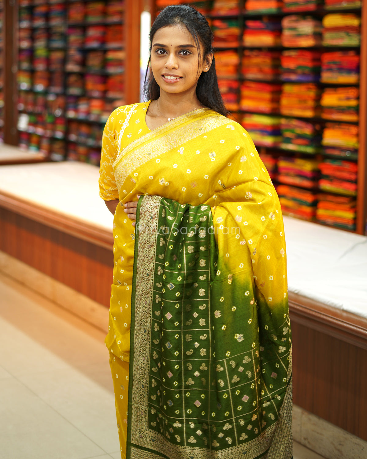 Yellow Green Woven Chiniya Silk - PE2708
