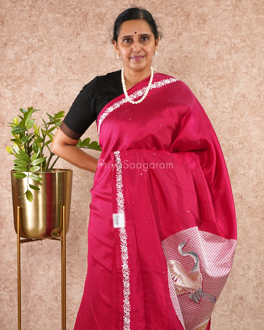 Bright Maroon Embroidery Satin Tussar - PD5494