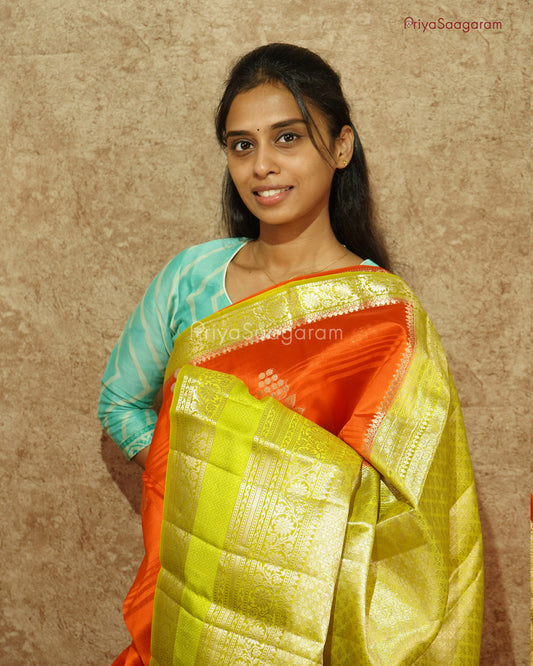Orange Green Contrast Chiniya Silk - PD1066