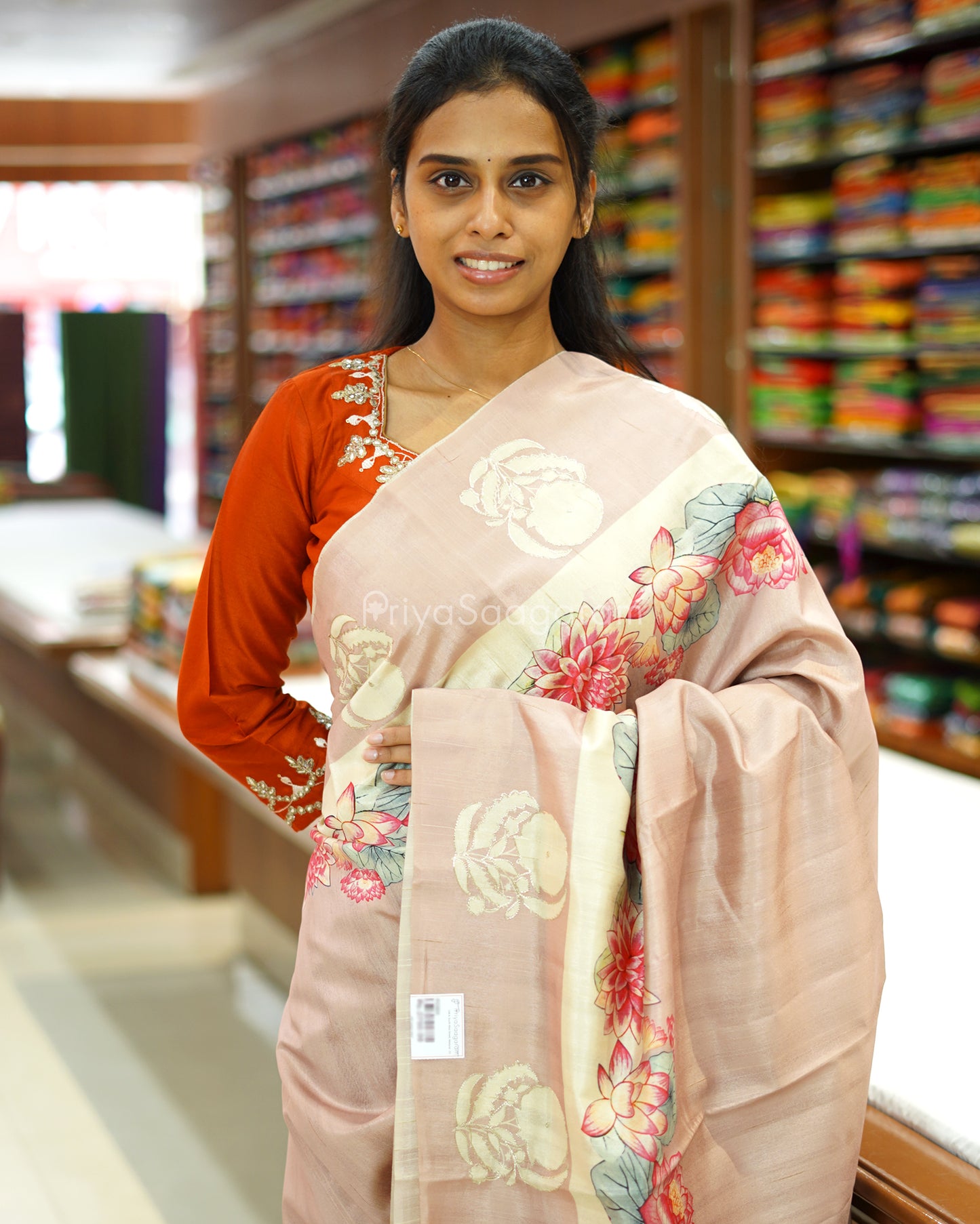 Nude Pink Floral Aari Work Tussar - PD802