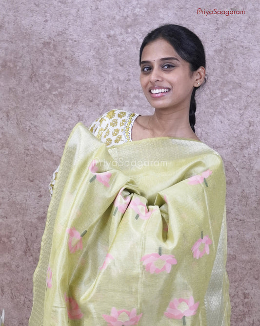 Yellow Green Jamdhani Tissue - PC4594