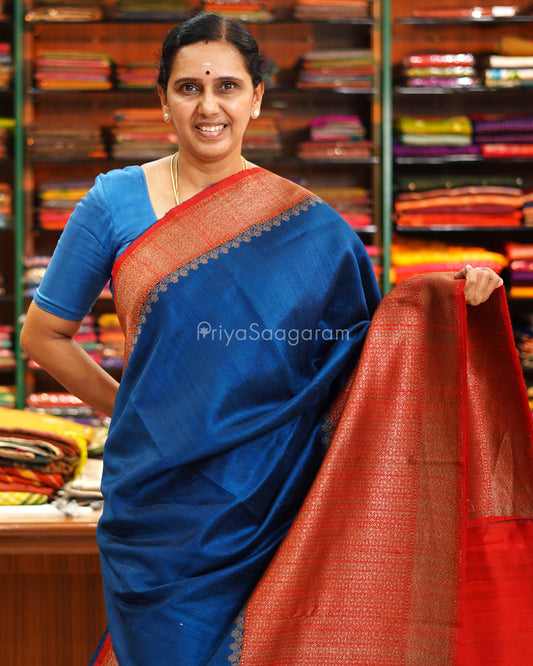 Cobalt Blue and Red Matka Silk - PE5801