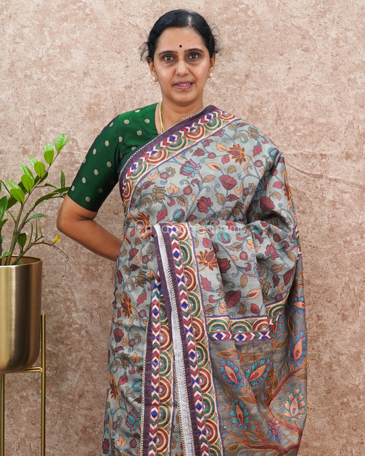 Grey Shade Kalamkari Embroidery Tussar - PD633