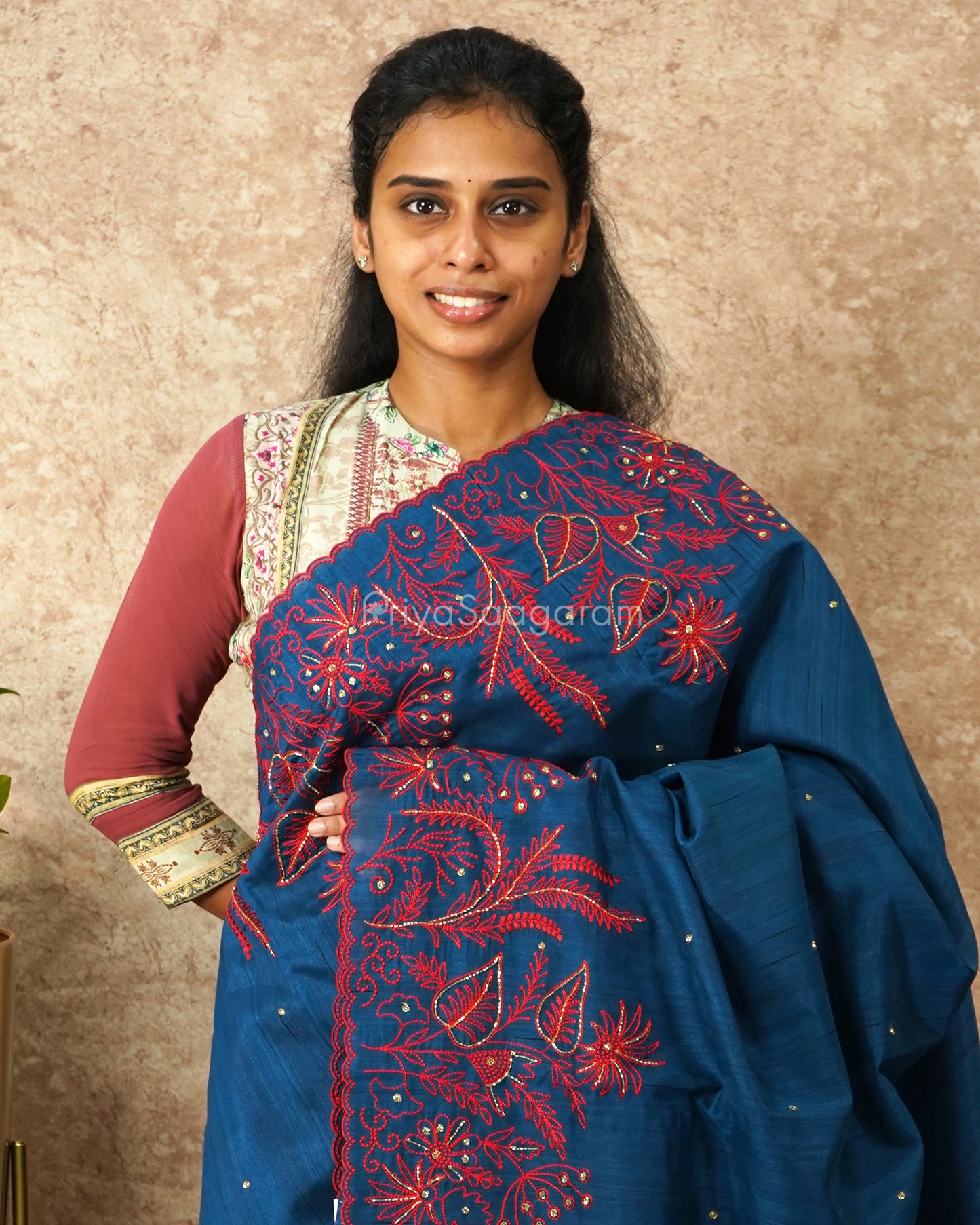 Blue with Red Embroidery Tussar - PD4633
